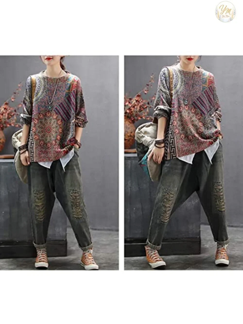 Oversized Graphic Cat Print Pullover Sweater - Cozy Cotton Wool Knit Tunic